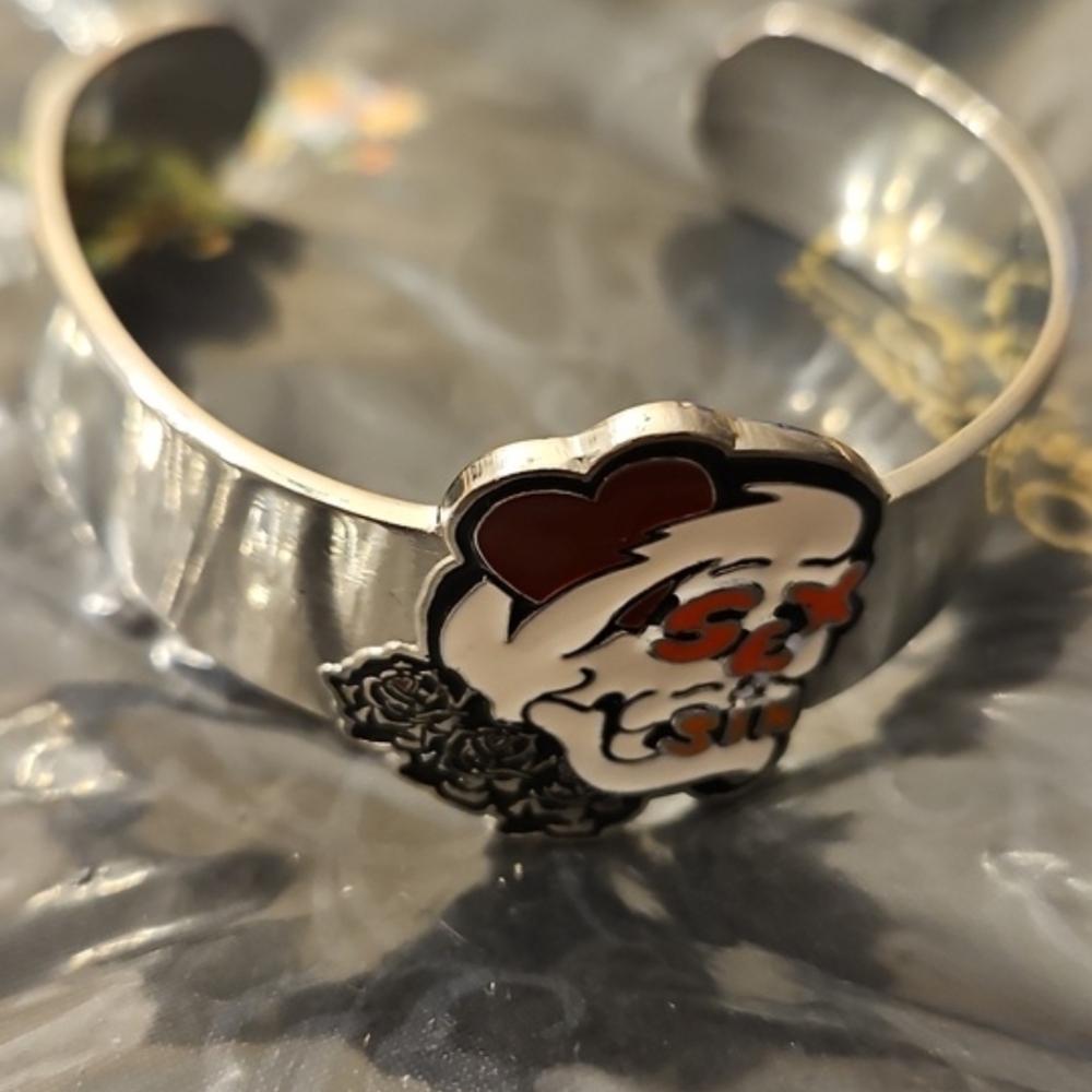 Christian Audigier Silver Tone Cuff with Red Logo Accent